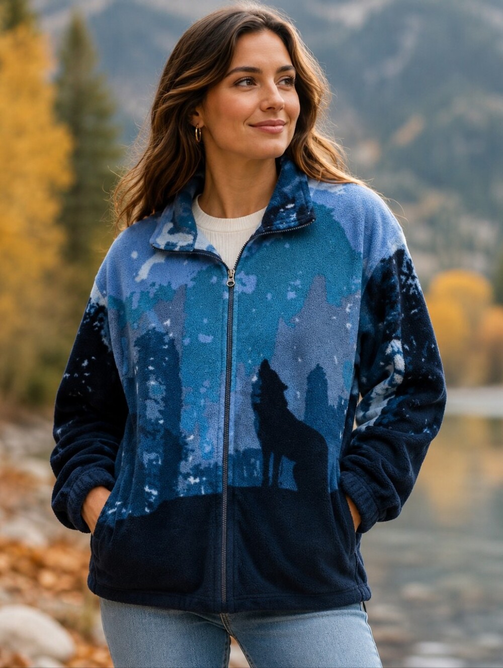 Vintage! Mountain Ridge | Wolf Forest Full-Zip Fleece Jacket, Size L
